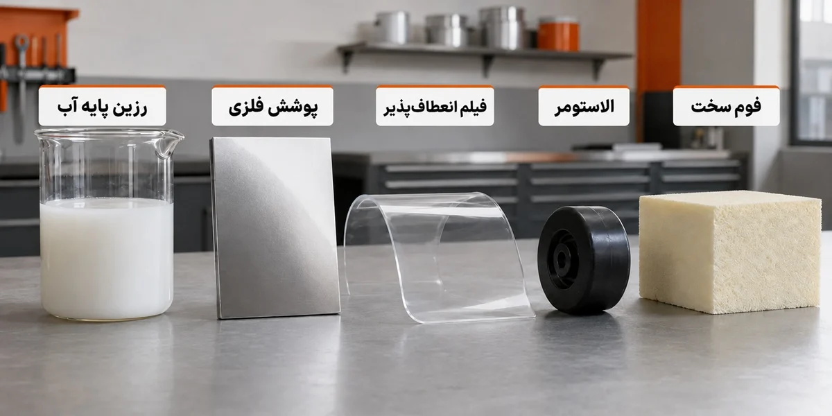 شکلهای مختلف محصولات پلی یورتانی شامل ماده اولیه مایع، پوشش، قطعه انعطافپذیر و فوم سخت